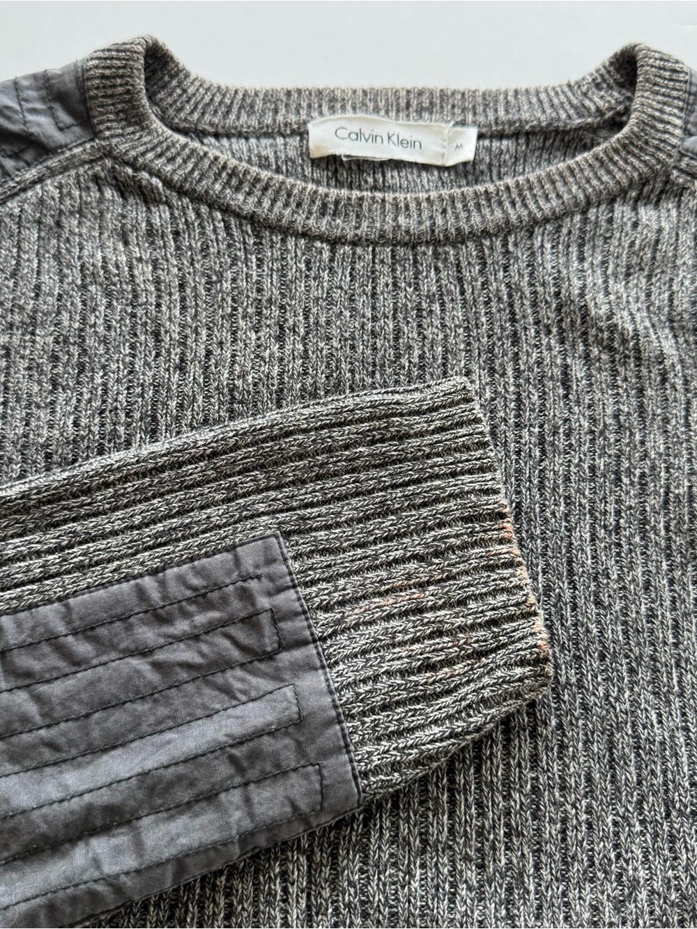Calvin Klein Men’s Charcoal Ribbed Crewneck Sweater with Quilted Elbow Patches